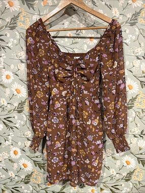 Brown Floral Tie-Front Long Sleeve Mini Dress with Lavender & Mustard Accents